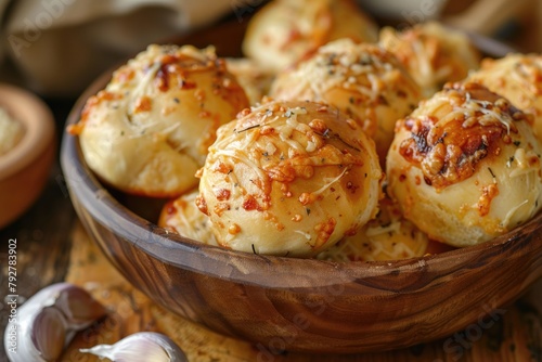 Baked Garlic Bread Rolls in Wooden Bowl on Kitchen Table. Delicious Bakery Bun with Clove of Garlic, Topped with Cheese