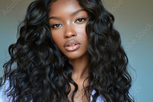Black wavy hair texture. Beautiful human hair bundles for coiffure with seamless weft extension