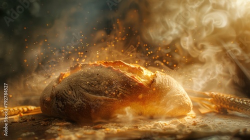 Fresh bread on the table sprinkled with flour.AI generated image