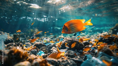 Underwater image of a bright orange fish swimming over a colorful coral reef