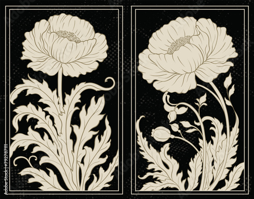 Frame with a peony in the style of Victorian Art Nouveau. Beautiful peony modern vintage floral composition 1920-1930 years.