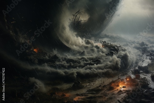 A dark fantasy painting of a massive tornado destroying a city.