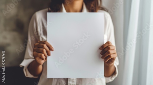 A hand holding a white blank paper sheet mockup, isolated. An arm in a shirt holding a clear brochure template mockup. Design of the leaflet document surface. Simple pure print display showing client