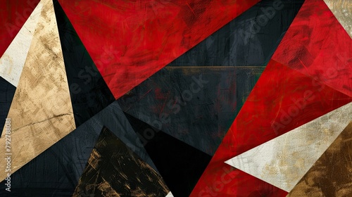 Craft a visual prompt showcasing a dynamic triad of red, black, and gold triangles dancing in abstract harmony