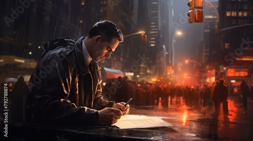 A man writing in the rain