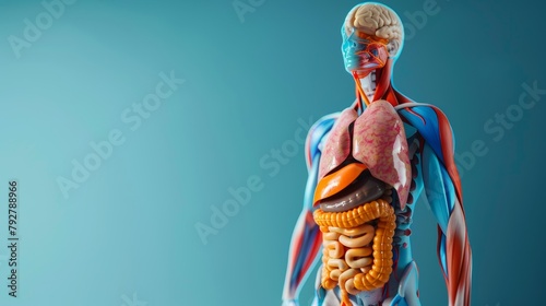 Human anatomy model on white background. Part of human body model with organ system. Human muscle model. Medical education concept.
