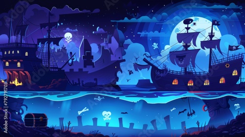 Modern cartoon banners with ghost ship posters of pirates, treasure chests, and jolly roger flags on a boat deck in the moonlight.