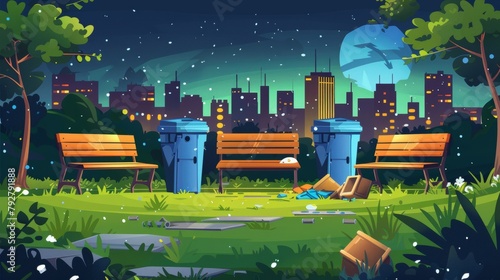In a city park with recycle trash bins and wooden benches, there are town buildings and a skyline on the horizon. The landscape is drawn as a modern cartoon in the night time.