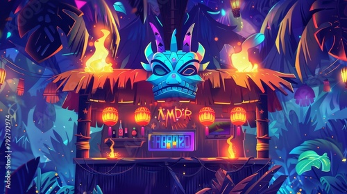 Cartoon web banner with tribal masks, torches, palm leaves, and a push button. Beach hut bar advertising with glowing fonts for an amusement establishment modern illustration.