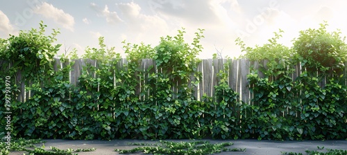 A detailed image of a rustic wooden fence engulfed by thriving, green grapevines under a blue sky