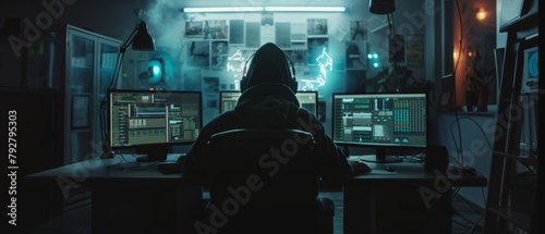 A group of internationally wanted hackers is organizing an advanced malware attack against a corporate server. The hacker is working on a computer in a dark, multi-screen environment.