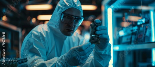 The design engineer of a ultramodern electronic manufacturing facility examines the microchip with gloves while wearing sterile coveralls.