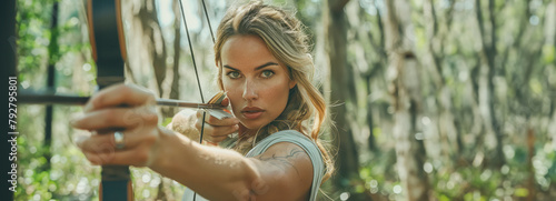 Blonde Huntress: Aiming her Bow in the Wilderness