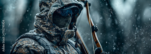 Stealthy Archer: Close-up of Camouflaged Hunter with Modern Bow
