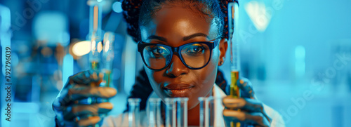 African female scientist extracting samples from glass tubes filled with clear liquid