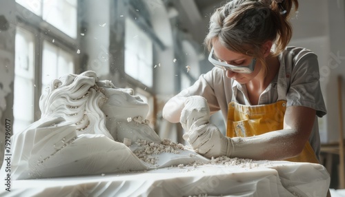 Female Stonemason Crafting Sculpture, Artisan Skill and Concentration, Traditional Stone Carving Studio