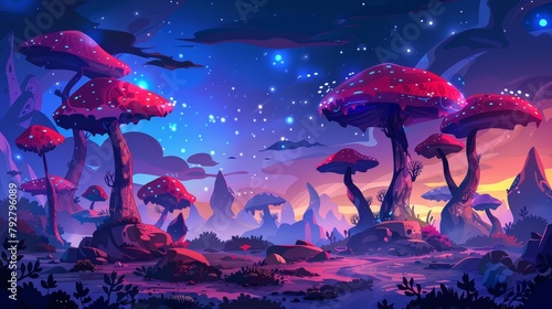 Two-dimensional alien planet background with mushrooms, trees, buildings, and rocks. Cartoon modern scenery view with UI animation.