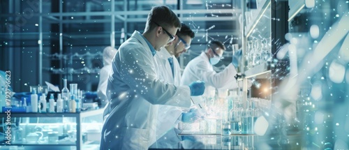 This picture shows a team of medical researchers working on a new generation experimental drug treatment. The laboratory looks busy, bright, and modern.
