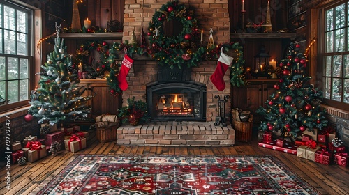 A cozy Merry Christmas background featuring a fireplace with crackling flames, stockings hanging on a mantel, and a beautifully decorated wreath.