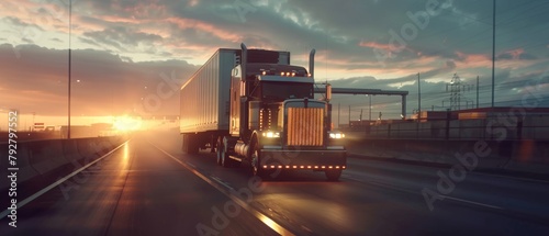 A semi-truck hauling cargo on a highway. He's speeding through an industrial warehouse area with a sunset behind him.