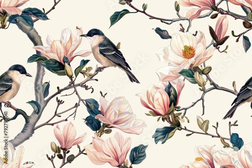 Seamless pattern with blooming magnolia flowers and songbirds.