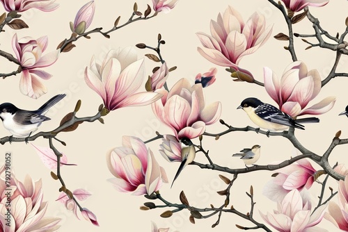 Seamless pattern with blooming magnolia flowers and songbirds.