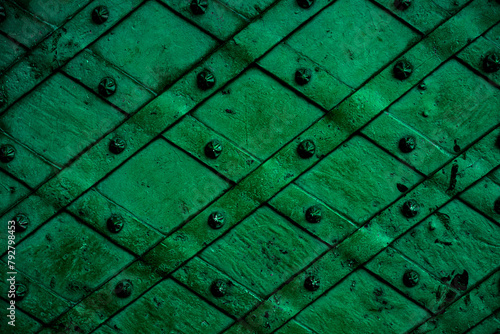 Closeup of green forged metal door