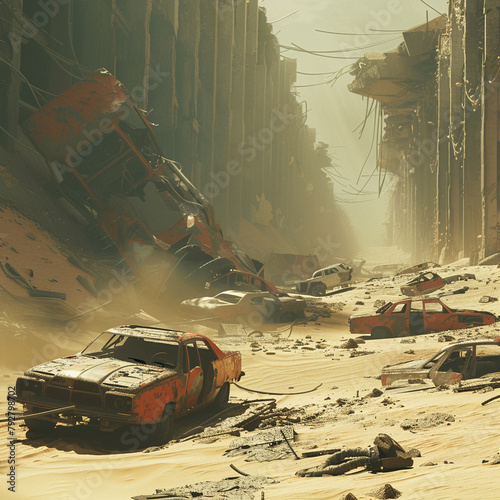 3D scene of a dystopian wasteland, abandoned vehicles, sandstorms, remnants of civilization in decay,