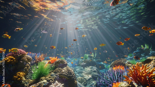 3D visualization of a serene underwater world, coral reefs bustling with colorful fish, sun rays filtering through water,