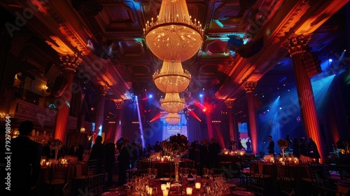 An elegant awards gala ceremony, where industry titans and rising stars alike gather to celebrate excellence and achievement, with sparkling chandeliers and black-tie attire adding to the ambiance of 