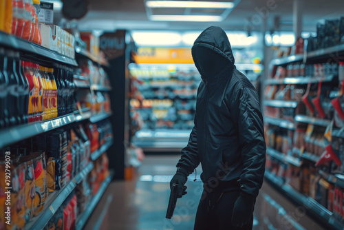 Hooded figure with a gun in store aisle.