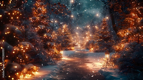 A magical Merry Christmas background with a snow-covered forest, illuminated by colorful lights and lanterns, creating a fairy tale-like atmosphere.