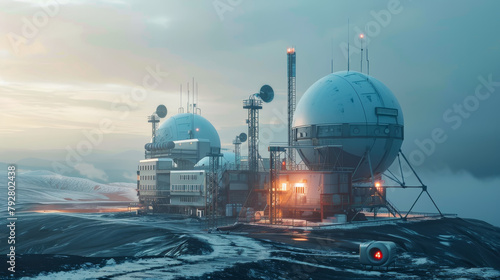 Industrial futuristic arctic base with domes and antennas at dusk, ai generated