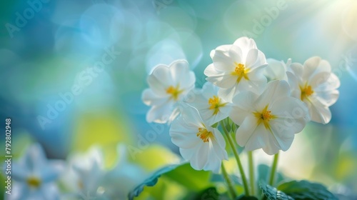 An artistic macro shot of white primroses in spring forest on a beautiful blue background. Snow-blue background with a soft blur. Floral nature background with free space for text.