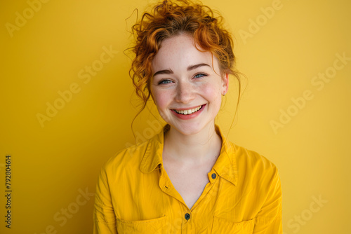 A studio capture of a charming, smiling woman directly engaging with the camera, set against a solid, colorful backdrop