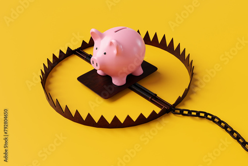 Pink piggy bank in a bear trap on yellow background. 3D illustration of the concept of personal fraud, online scams and money traps