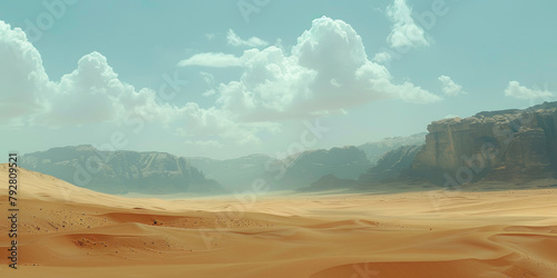 A desert landscape with a cloudy sky in the background. The sky is mostly cloudy, but there are some patches of blue sky. The desert is vast and empty, with no signs of life