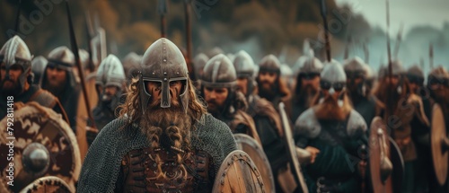 The advance of a Viking army during a medieval reenactment.