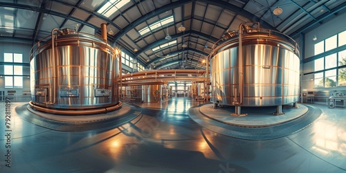 Shiny steel fermentation tanks in an industrial beer brewing room with a high ceiling and sunlight