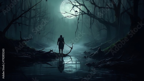 A solitary arrow, its flight path a testament to the archer's focus and unwavering determination, standing out against the murky depths of a moonlit swamp