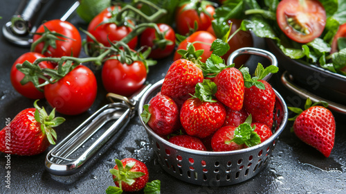 A bowl of strawberries sits on a counter next to a tomato and a tomato press. The bowl of strawberries is overflowing with fruit, and the tomatoes are arranged in a neat row