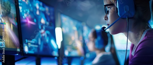 Gamer Girl Playing An Online First-Person Shooter Game. Casual Cute Geek Wearing Glasses and Talking Into Headset. Cyber eSport.