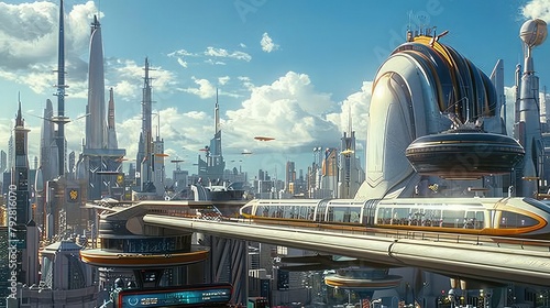 A sleek and futuristic cityscape, with towering skyscrapers and sleek monorails crisscrossing the skyline, creating a dynamic and vibrant urban environment.