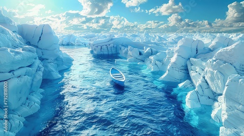 A solitary boat navigating through a maze of icebergs, representing the resilience and determination to overcome obstacles on the journey of the mind.