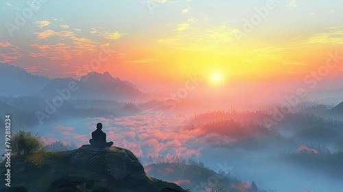 A solitary figure sitting atop a hill, watching the sunrise over a mist-covered valley, contemplating the beauty of a new day.