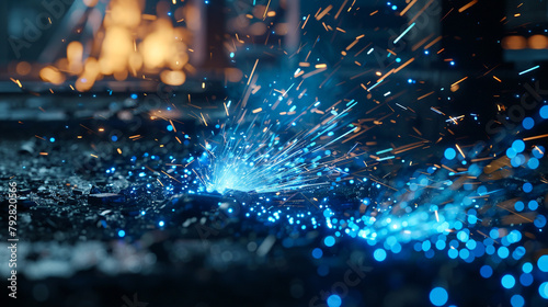 Bright blue sparks fly over a canvas of industrial iron, the fiery birth of digital innovations in the forge of human intellect.