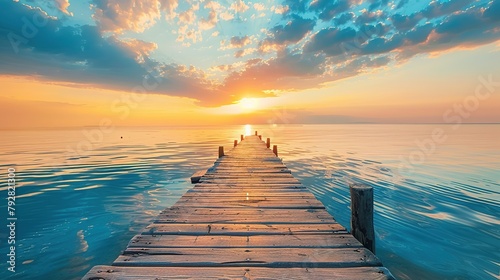 Perspective view of a wooden pier on the sea with an amazing sunset, with reflections on the water. inspiration concept, enjoy life, relaxing moment