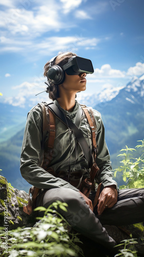 Mindfulness in VR Nature: Someone practicing mindfulness in a virtual natural setting using headset with VR reality technology.