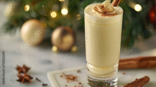 A tall glass of creamy eggnog, garnished with a sprinkle of nutmeg and a cinnamon stick, evoking memories of holiday cheer and festive gatherings.