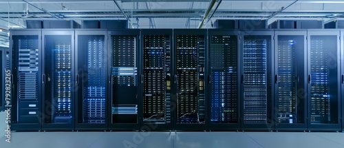 In the background, you can see multiple rows of fully operational server racks. You can also see a modern high-tech telecommunications database supercomputer in the background.